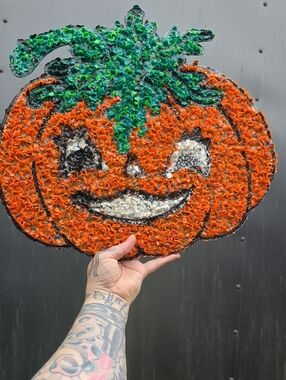 Vintage 70s Popcorn Halloween Orange Pumpkin Wall Art with Green Stem